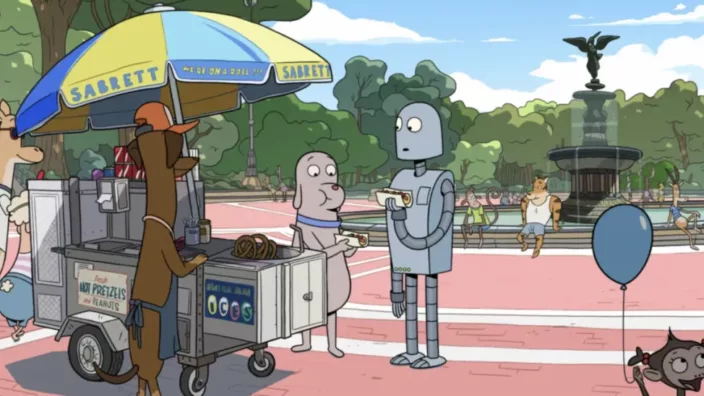 a dog and a robot at a hot dog stand in a park