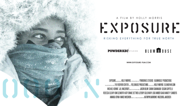 Image with persons eyes looking right from the snow. Title of the film Exposure is in the main text.