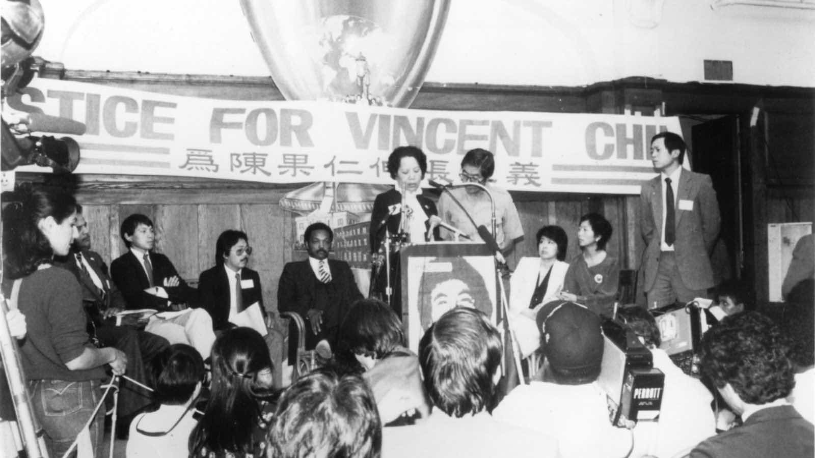 Vincent Chin's mother giving a press conferce