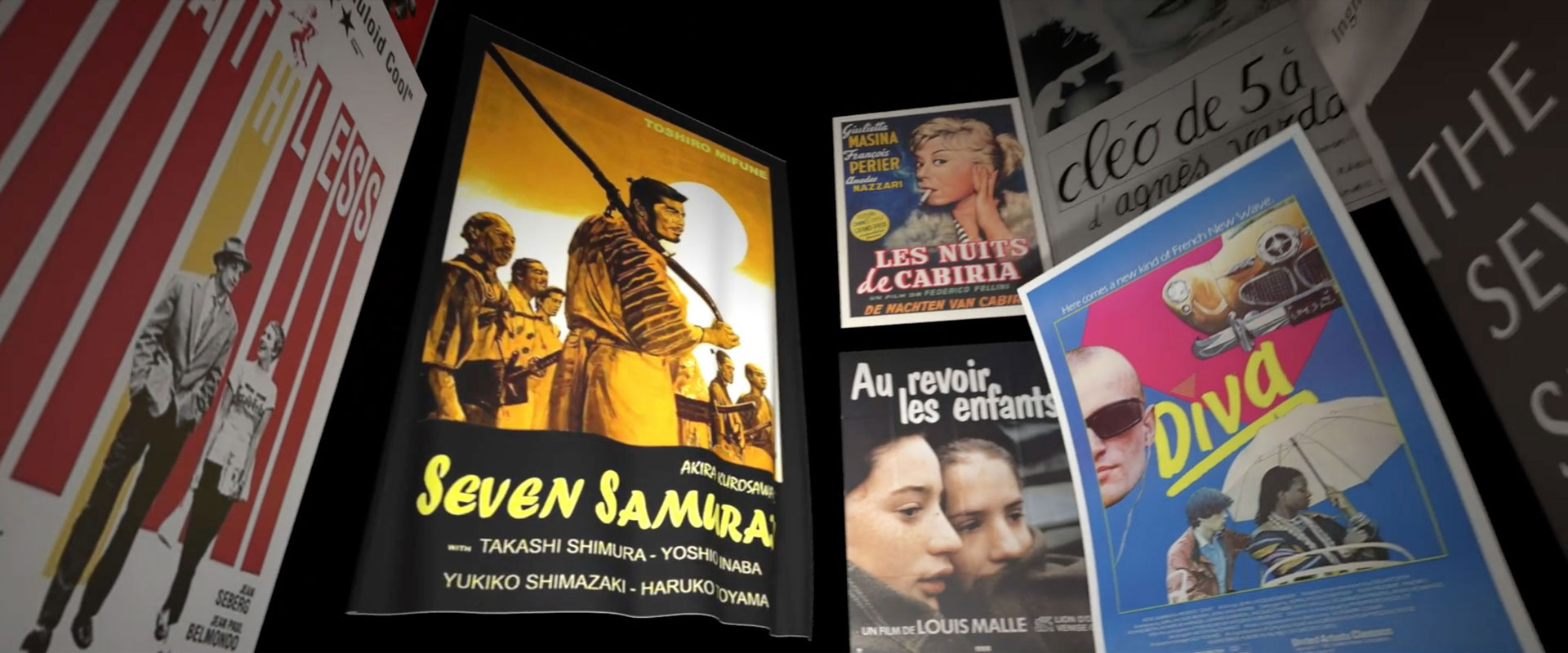 Classic film lobby cards for BREATHLESS, THE SEVENTH SAMURAI, DEVO and others