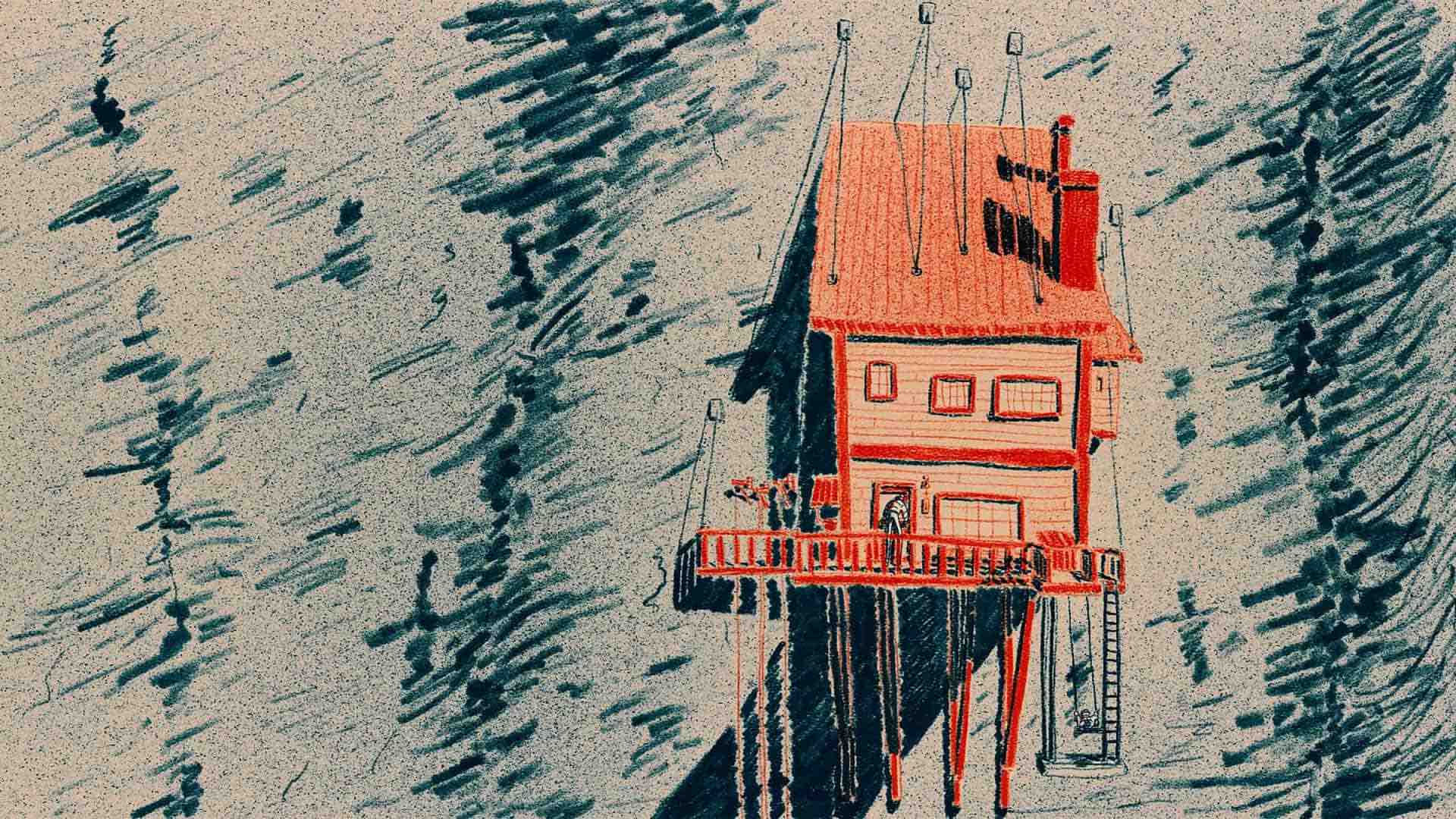 An animated orange cold house hanging on a cliff in the Ice Merchants, an Oscar 2023 nominated animated short film