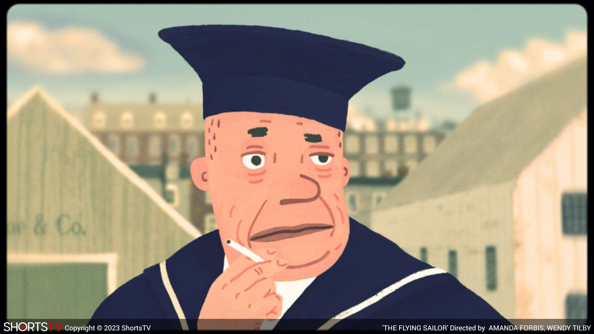 A navy in a cap smokes a cigarette in the Flying Sailor, an Oscar 2023 nominated animated short film