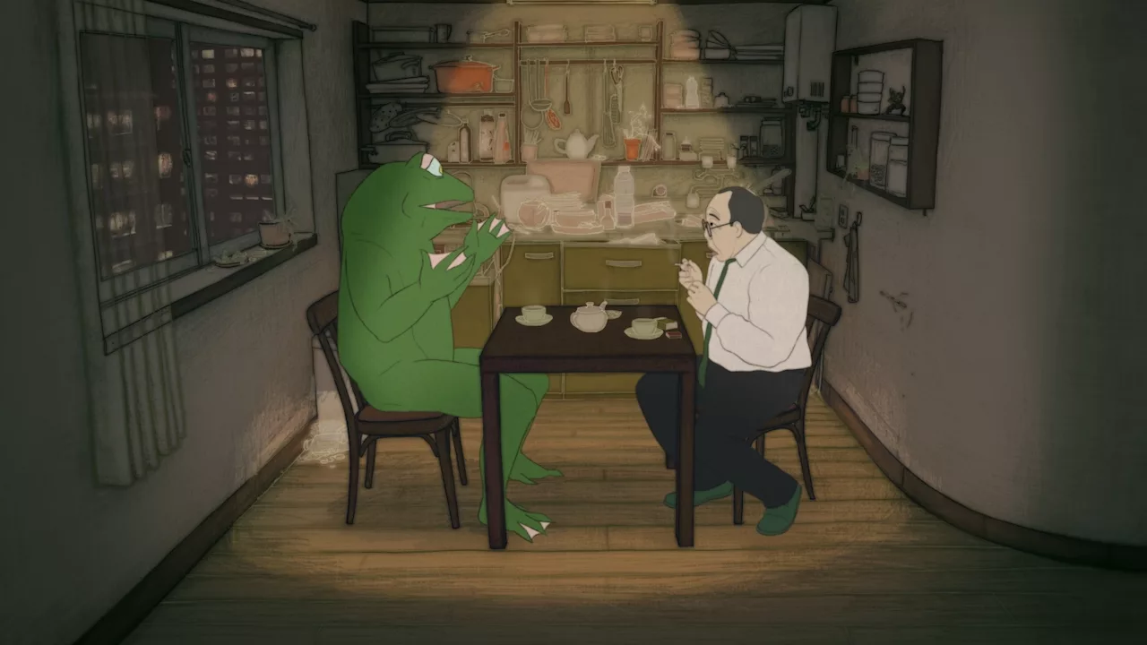 A man in a white shirt speaking with a big frog as they sit against each other at the table and having a dinner
