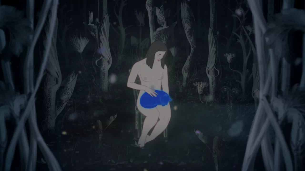 In the dark wood, an all naked young woman pats a bright blue cat sitting on her lap
