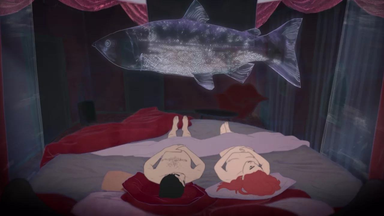 A man and a young woman laying in bed, all naked but covered with a blanket, talking and imagining an enormous though transparent fish flying up by the ceiling of a dark room