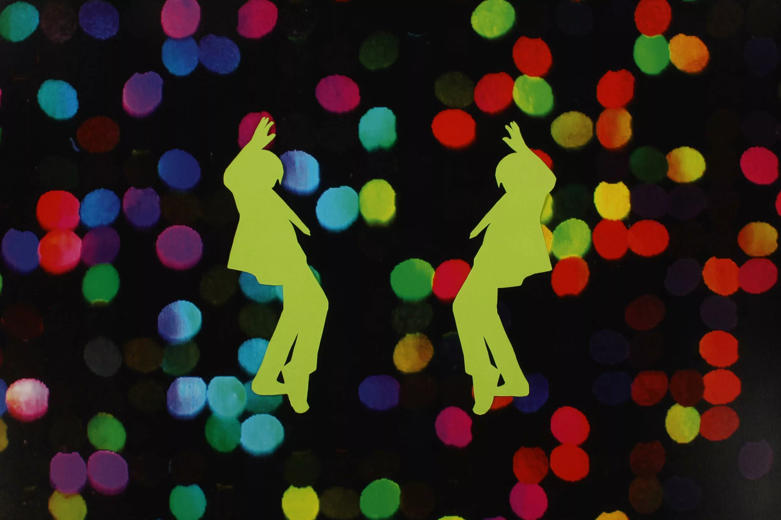 Green figures dancing with Big dots of many colors in the background
