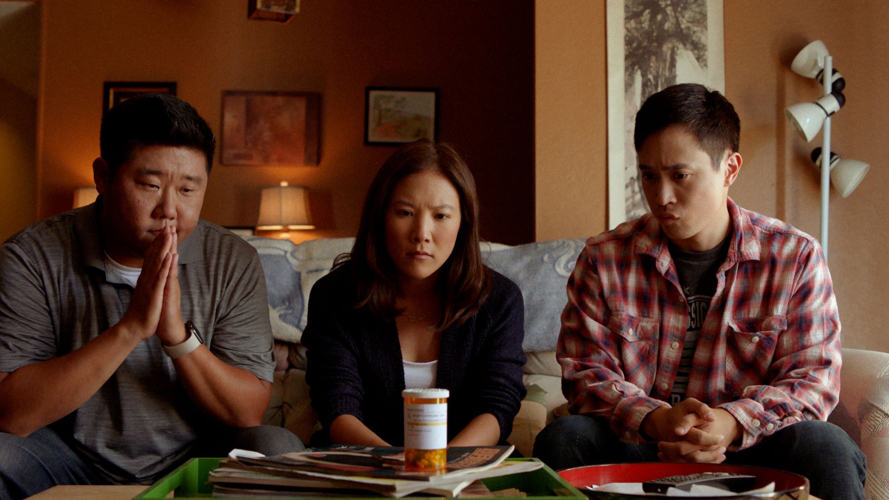 Dealing with Dad: Roy (Peter S Kim), Margaret (Ally Maki) and Larry (Hayden Szeto)
