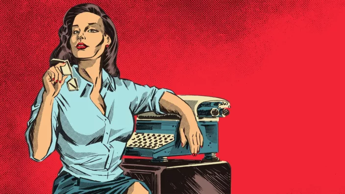 Pop art picture of a woman with a cigarette as she sits on a chair, her arm resting on a typing machine