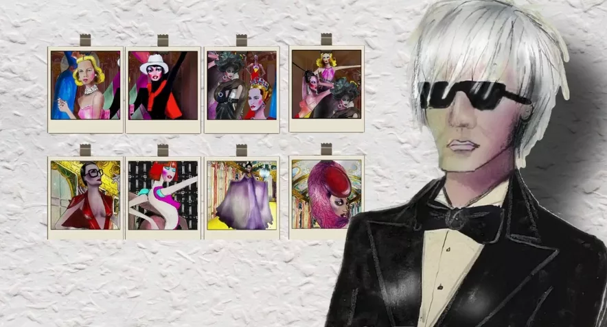 Hand drawn image of Andy Warhol with sunglasses standing in front of a wall of polaroid's with models in high fashion.