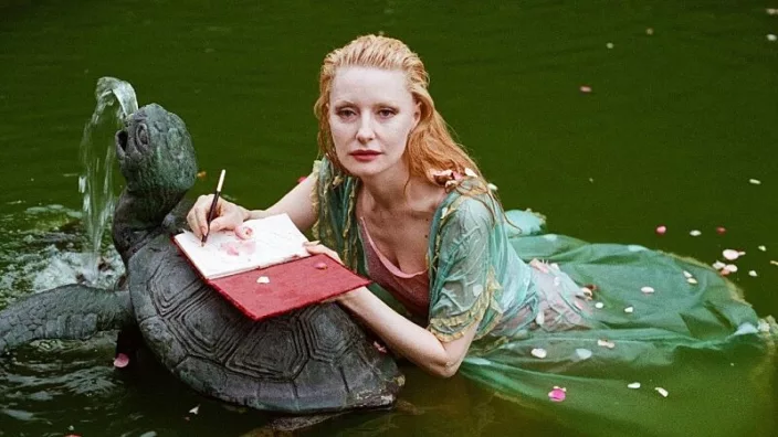 A fully dressed woman half submerged in water holds a pen and book upon a fountain in the shape of a turtle.