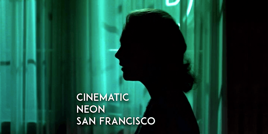 Womans face in profile and dark shadow with glowing neon light behind. Text on image reads cinematic neon san francisco.
