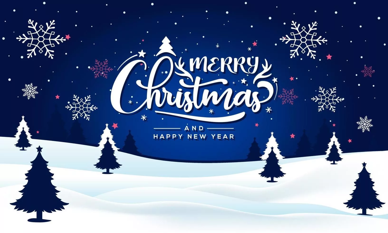 The words Merry Christmas on-shiny-xmas-background-with-winter-landscape-with-snowflakes-light-stars-