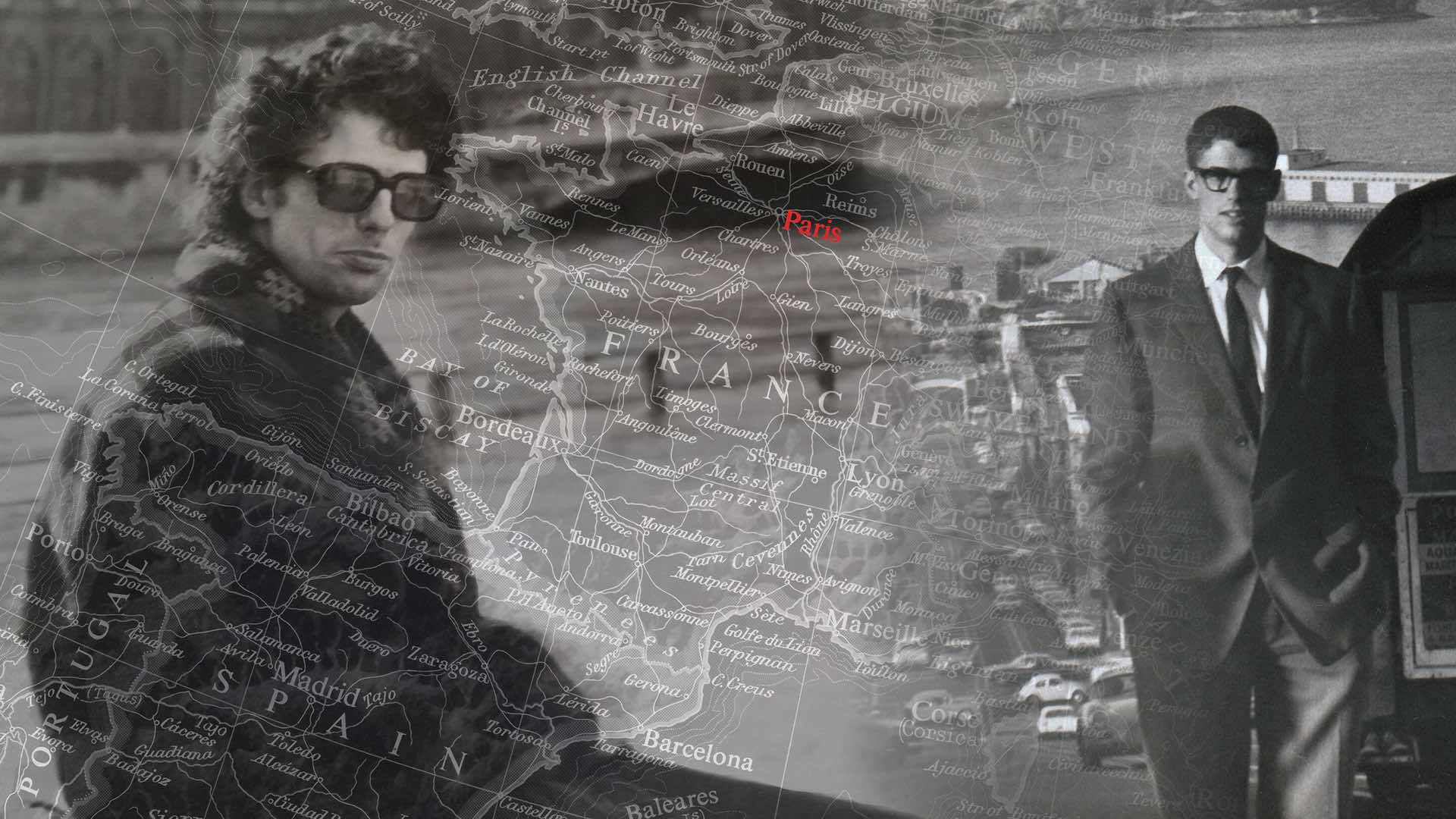 A black & white picture of 2 men superimposed in front of a map of France.