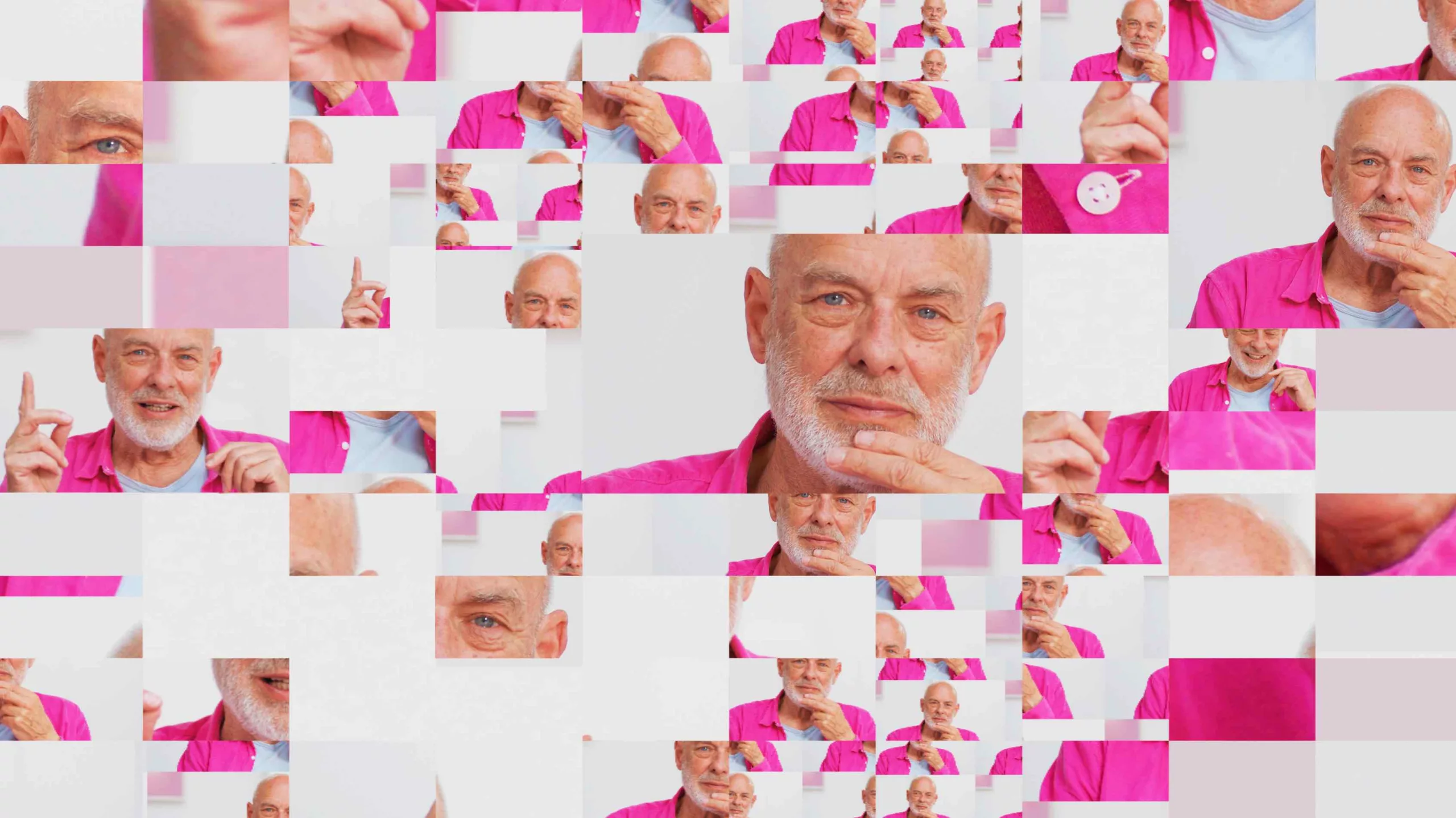 A collage of various sized cube-shaped images, some of which depict a man in a pink shirt stroking his white beard, some of which depict cropped segments of the same image, and some of which are just white.