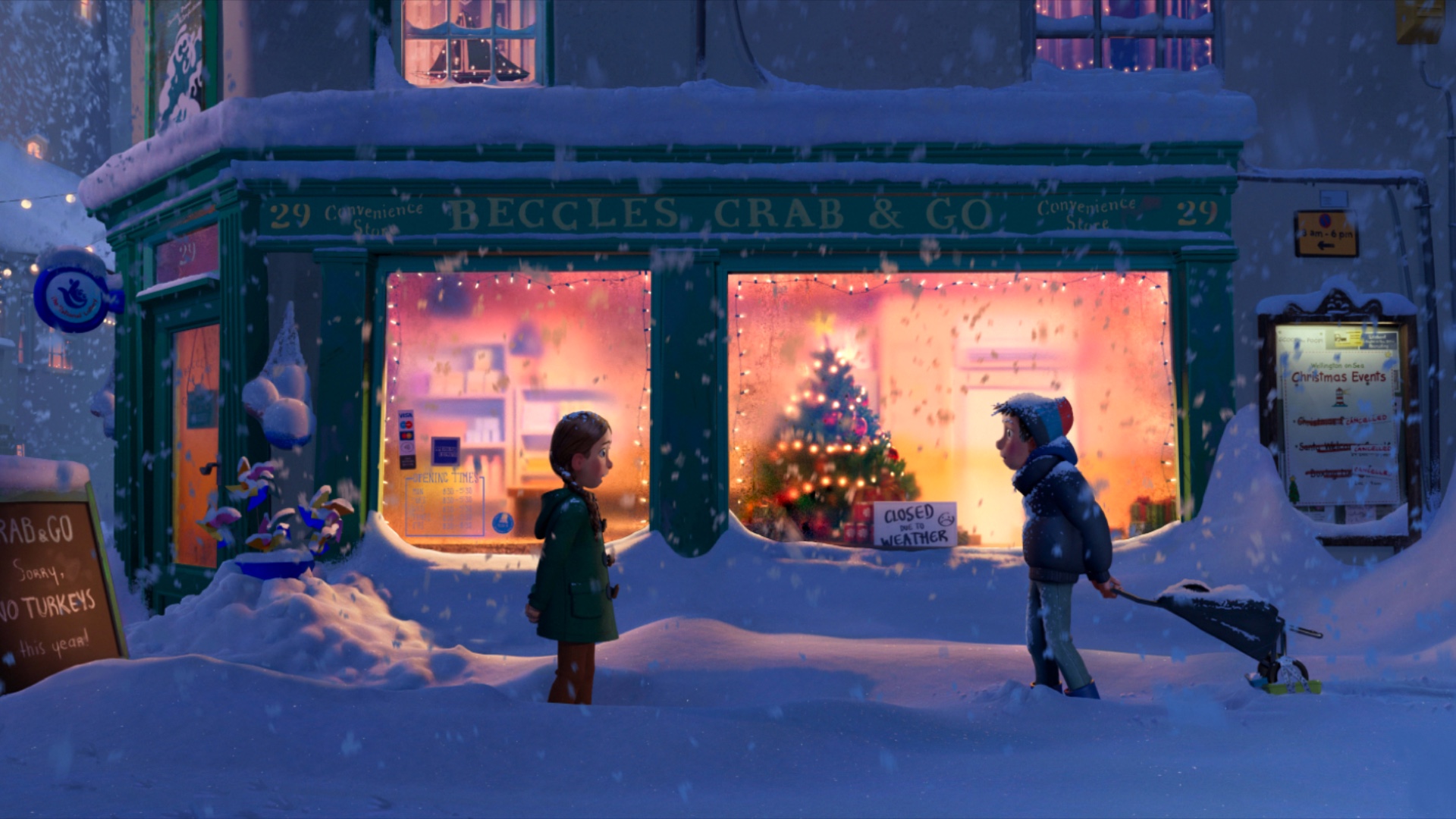 Animation of two kids on the snow outside a Christmas store