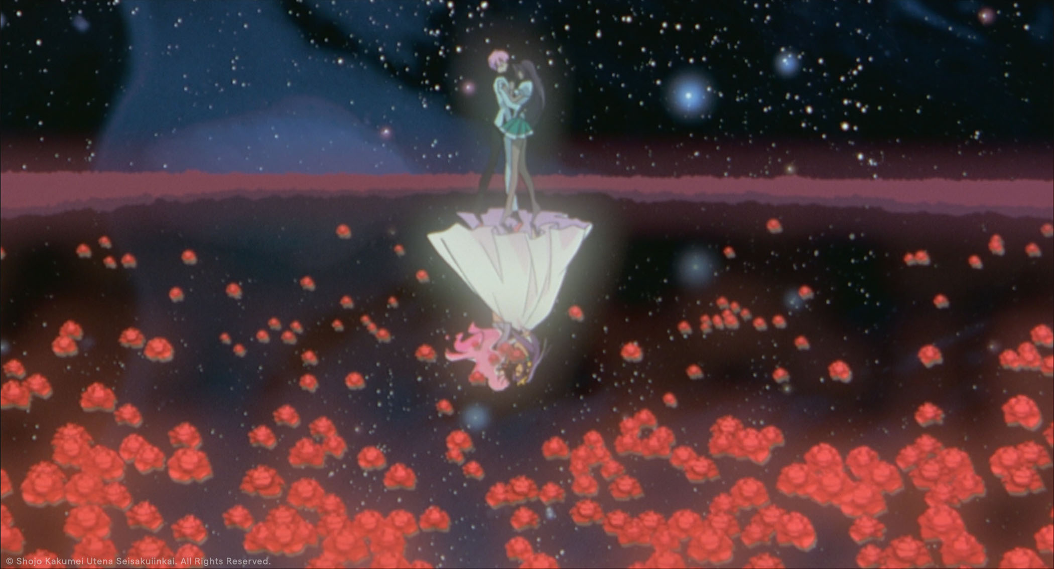 Two figures embrace one another while floating amongst stars and roses. A reflection of another couple in embrace floats beneath their feet.